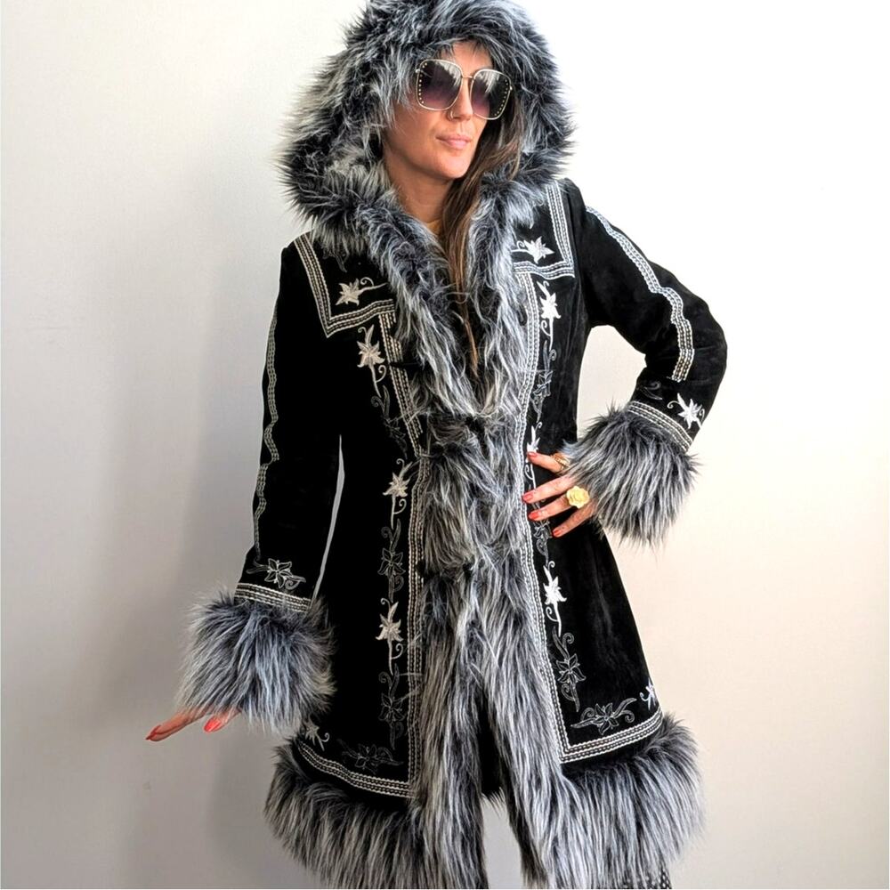 Vintage Black Suede Coat Penny Lane Groovy Faux Fur Jacket Afghan Trench Medium - Picture 9 of 13